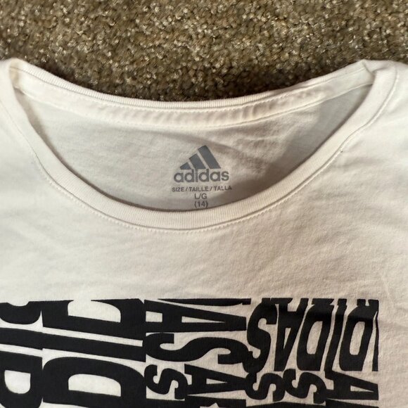 Adidas Tee Shirt Girls Large (14) White Graphic Cotton Athletic Pink logo Sports - Picture 3 of 10